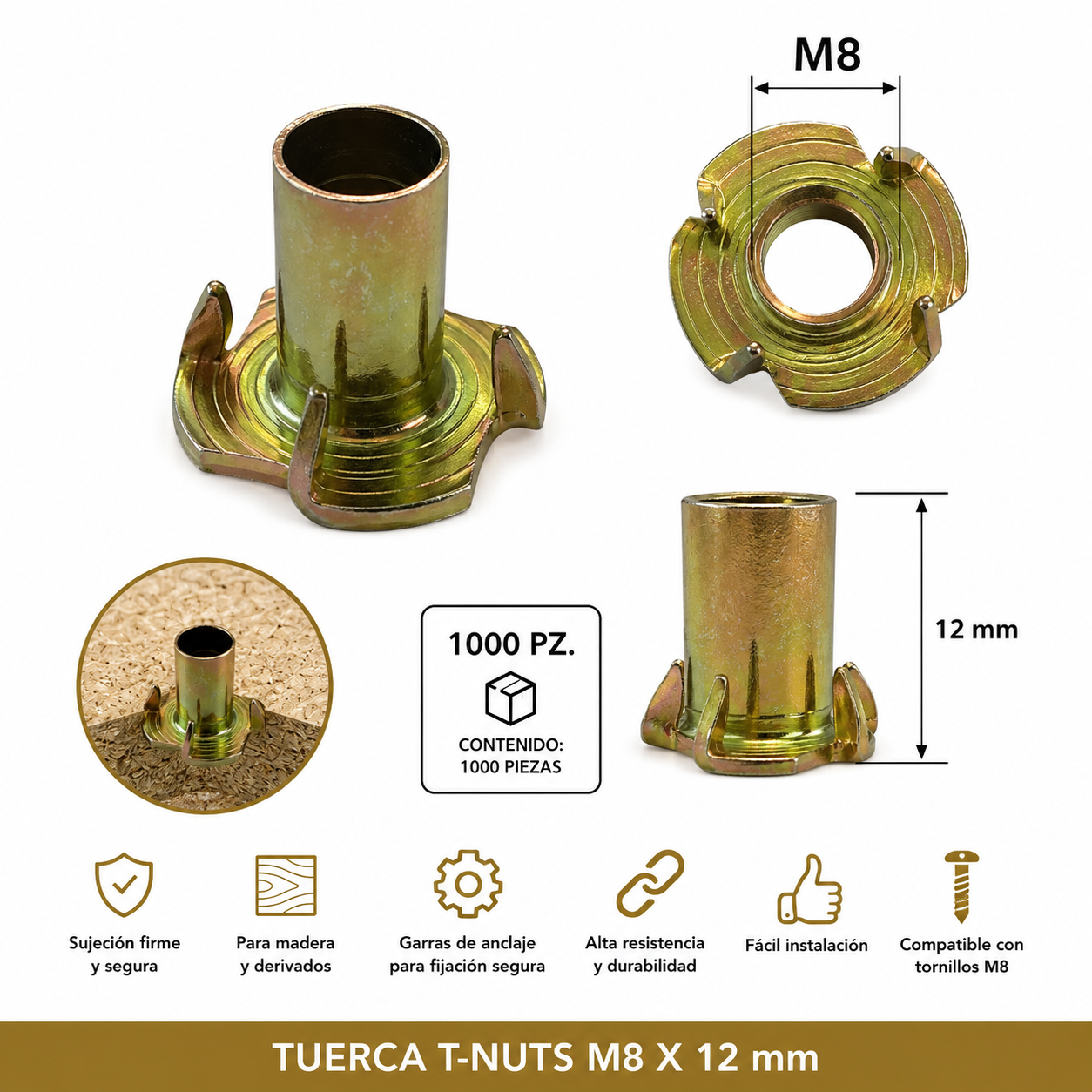 Tino Tuerca  T-NUTS M8 X 12mm (Paquete 1,000 pz)