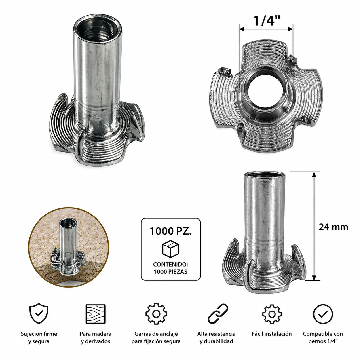 Tino Tuerca  T-NUTS 1/4 X 24MM (Paquete 1,000pz)