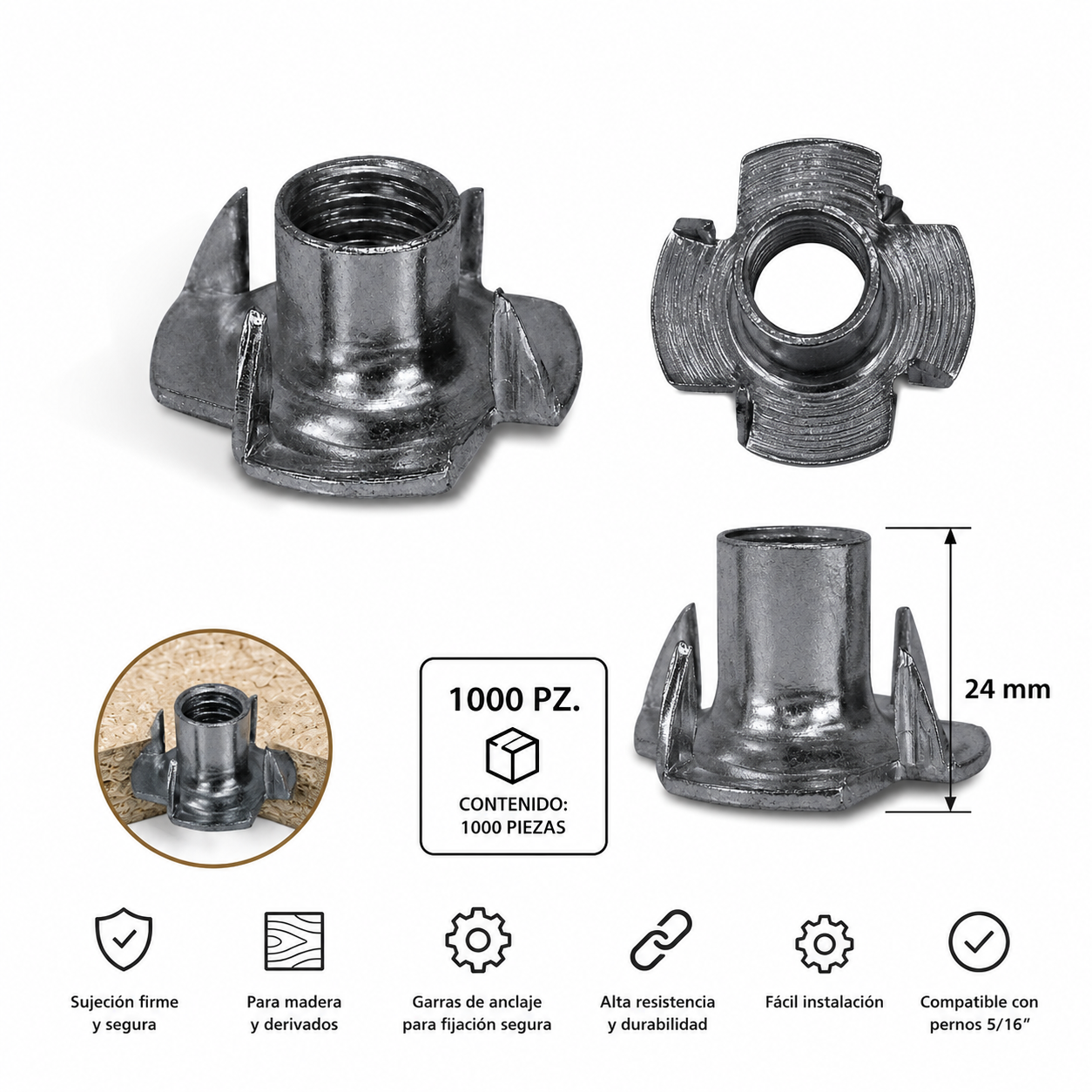 Tino Tuerca  T-NUTS 5/16 X 24MM (Paquete 1,000pz)